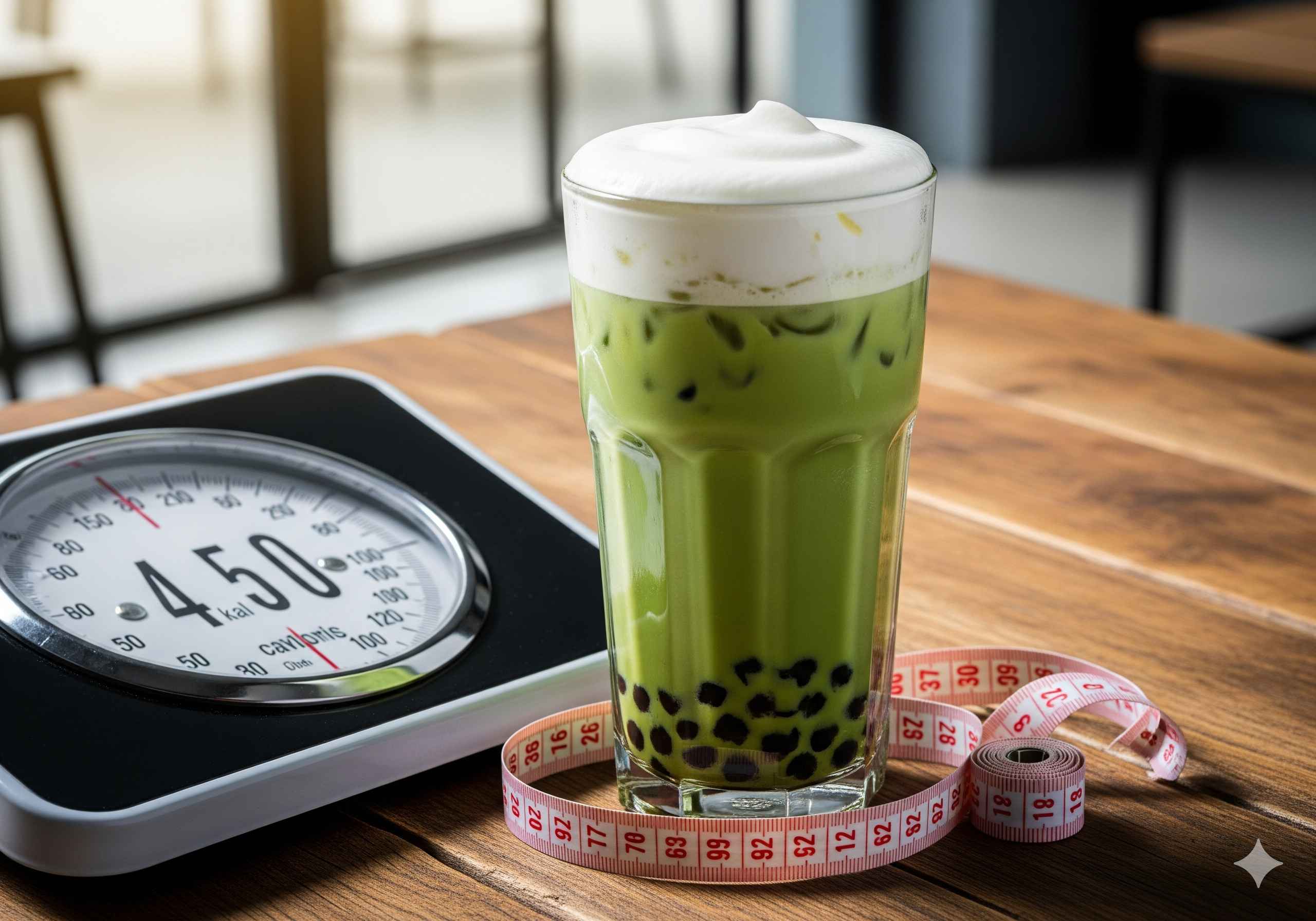 A vibrant photo of a green tea bubble tea cup on a rustic wooden table next to a weighing scale with a high calorie number and a measuring tape, with text overlay "Are Calories in Green Tea Bubble Tea Sabotaging Your Diet? Find Out!".